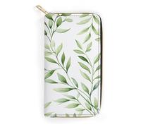 QWNMD Leather Wallets for Women Green Leaves Printed Wallet Purse Card Holder with Zipper Leather Clutch Wallet, Green Leaves, 7.8 x 4.1 x 1.4 inches, Modern