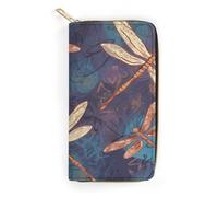 QWNMD Leather Wallets for Women Hand Painted Dragonfly Printed Wallet Purse Card Holder with Zipper Leather Clutch Wallet, Hand Painted Dragonfly, 7.8 x 4.1 x 1.4 inches, Modern