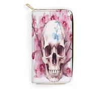 QWNMD Leather Wallets for Women Human Skull Pink Flowers Printed Wallet Purse Card Holder with Zipper Leather Clutch Wallet, Human Skull Pink Flowers, 7.8 x 4.1 x 1.4 inches, Modern