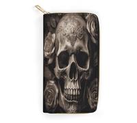 QWNMD Leather Wallets for Women Leather Rose Skull Printed Wallet Purse Card Holder with Zipper Leather Clutch Wallet, Leather Rose Skull, 7.8 x 4.1 x 1.4 inches, Modern