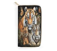 QWNMD Leather Wallets for Women Lion Tiger Leopard And Butterfly Printed Wallet Purse Card Holder with Zipper Leather Clutch Wallet, Lion Tiger Leopard And Butterfly, 7.8 x 4.1 x 1.4 inches, Modern