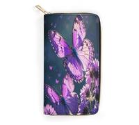 QWNMD Leather Wallets for Women Lovely Purple Butterflys Printed Wallet Purse Card Holder with Zipper Leather Clutch Wallet, Lovely Purple Butterflys, 7.8 x 4.1 x 1.4 inches, Modern