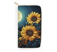 QWNMD Leather Wallets for Women Moonlight Sunflower Pattern Printed Wallet Purse Card Holder with Zipper Leather Clutch Wallet, Moonlight Sunflower Pattern, 7.8 x 4.1 x 1.4 inches, Modern