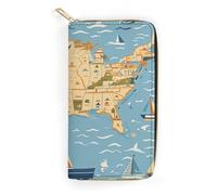 QWNMD Leather Wallets for Women Nautical Sailboat Map Printed Wallet Purse Card Holder with Zipper Leather Clutch Wallet, Nautical Sailboat Map, 7.8 x 4.1 x 1.4 inches, Modern