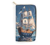 QWNMD Leather Wallets for Women Nautical Sailing Pirate Theme Printed Wallet Purse Card Holder with Zipper Leather Clutch Wallet, Nautical Sailing Pirate Theme, 7.8 x 4.1 x 1.4 inches, Modern