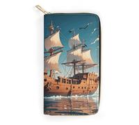 QWNMD Leather Wallets for Women Nordic Pirate Ship Printed Wallet Purse Card Holder with Zipper Leather Clutch Wallet, Nordic Pirate Ship, 7.8 x 4.1 x 1.4 inches, Modern