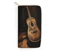 QWNMD Leather Wallets for Women Old West Guitar Printed Wallet Purse Card Holder with Zipper Leather Clutch Wallet, Old West Guitar, 7.8 x 4.1 x 1.4 inches, Modern