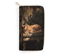 QWNMD Leather Wallets for Women Orange Cat Sleeping Printed Wallet Purse Card Holder with Zipper Leather Clutch Wallet, Orange Cat Sleeping, 7.8 x 4.1 x 1.4 inches, Modern