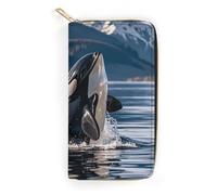 QWNMD Leather Wallets for Women Orca Killer Whale Printed Wallet Purse Card Holder with Zipper Leather Clutch Wallet, Orca Killer Whale, 7.8 x 4.1 x 1.4 inches, Modern