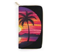 QWNMD Leather Wallets for Women Palm Tree Sunset Design Printed Wallet Purse Card Holder with Zipper Leather Clutch Wallet, Palm Tree Sunset Design, 7.8 x 4.1 x 1.4 inches, Modern