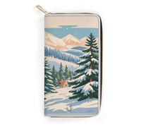 QWNMD Leather Wallets for Women Pine Needle Tree Winter Landscape Print Printed Wallet Purse Card Holder with Zipper Leather Clutch Wallet, Pine Needle Tree Winter Landscape Print, 7.8 x 4.1 x 1.4