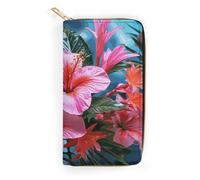 QWNMD Leather Wallets for Women Pink Flower Tropical Plant Printed Wallet Purse Card Holder with Zipper Leather Clutch Wallet, Pink Flower Tropical Plant, 7.8 x 4.1 x 1.4 inches, Modern