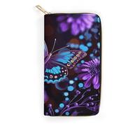 QWNMD Leather Wallets for Women Purple Butterfly And Flowers Printed Wallet Purse Card Holder with Zipper Leather Clutch Wallet, Purple Butterfly And Flowers, 7.8 x 4.1 x 1.4 inches, Modern
