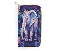 QWNMD Leather Wallets for Women Purple Elephant Printed Wallet Purse Card Holder with Zipper Leather Clutch Wallet, Purple Elephant, 7.8 x 4.1 x 1.4 inches, Modern