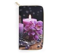 QWNMD Leather Wallets for Women Purple Flowers And Candles Printed Wallet Purse Card Holder with Zipper Leather Clutch Wallet, Purple Flowers And Candles, 7.8 x 4.1 x 1.4 inches, Modern