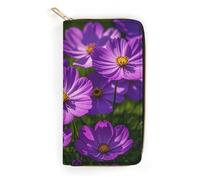 QWNMD Leather Wallets for Women Purple Flowers Printed Wallet Purse Card Holder with Zipper Leather Clutch Wallet, Purple Flowers, 7.8 x 4.1 x 1.4 inches, Modern