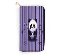 QWNMD Leather Wallets for Women Purple Striped Panda Printed Wallet Purse Card Holder with Zipper Leather Clutch Wallet, Purple Striped Panda, 7.8 x 4.1 x 1.4 inches, Modern