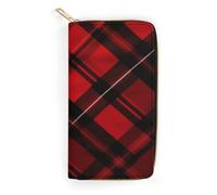 QWNMD Leather Wallets for Women Red And Black Plaid Printed Wallet Purse Card Holder with Zipper Leather Clutch Wallet, Red And Black Plaid, 7.8 x 4.1 x 1.4 inches, Modern