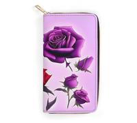 QWNMD Leather Wallets for Women Red And Purple Roses Printed Wallet Purse Card Holder with Zipper Leather Clutch Wallet, Red And Purple Roses, 7.8 x 4.1 x 1.4 inches, Modern