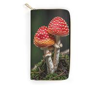 QWNMD Leather Wallets for Women Red Cap Mushrooms Printed Wallet Purse Card Holder with Zipper Leather Clutch Wallet, Red Cap Mushrooms, 7.8 x 4.1 x 1.4 inches, Modern