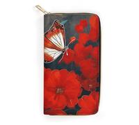 QWNMD Leather Wallets for Women Red Flowers And Butterflies Printed Wallet Purse Card Holder with Zipper Leather Clutch Wallet, Red Flowers And Butterflies, 7.8 x 4.1 x 1.4 inches, Modern
