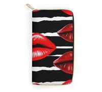 QWNMD Leather Wallets for Women Red Lips Kiss Printed Wallet Purse Card Holder with Zipper Leather Clutch Wallet, Red Lips Kiss, 7.8 x 4.1 x 1.4 inches, Modern