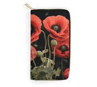 QWNMD Leather Wallets for Women Red Poppy Flowers Leaves Printed Wallet Purse Card Holder with Zipper Leather Clutch Wallet, Red Poppy Flowers Leaves, 7.8 x 4.1 x 1.4 inches, Modern