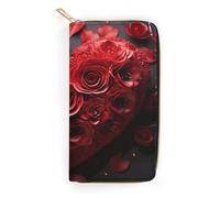 QWNMD Leather Wallets for Women Red Rose Love Heart Printed Wallet Purse Card Holder with Zipper Leather Clutch Wallet, Red Rose Love Heart, 7.8 x 4.1 x 1.4 inches, Modern