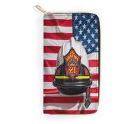 QWNMD Leather Wallets for Women Red Stripe Firefighter USA Flag Printed Wallet Purse Card Holder with Zipper Leather Clutch Wallet, Red Stripe Firefighter USA Flag, 7.8 x 4.1 x 1.4 inches, Modern