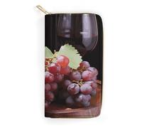 QWNMD Leather Wallets for Women Red Wine Grape Printed Wallet Purse Card Holder with Zipper Leather Clutch Wallet, Red Wine Grape, 7.8 x 4.1 x 1.4 inches, Modern