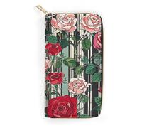 QWNMD Leather Wallets for Women Rose Striped Printed Wallet Purse Card Holder with Zipper Leather Clutch Wallet, Rose Striped, 7.8 x 4.1 x 1.4 inches, Modern