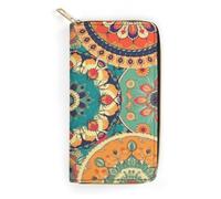QWNMD Leather Wallets for Women Round Flower Printed Wallet Purse Card Holder with Zipper Leather Clutch Wallet, Round Flower, 7.8 x 4.1 x 1.4 inches, Modern