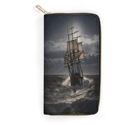 QWNMD Leather Wallets for Women Sailing Ship in Storm Printed Wallet Purse Card Holder with Zipper Leather Clutch Wallet, Sailing Ship in Storm, 7.8 x 4.1 x 1.4 inches, Modern