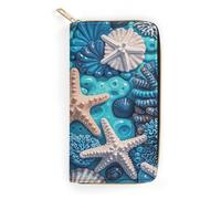 QWNMD Leather Wallets for Women Shell Coral Starfish Printed Wallet Purse Card Holder with Zipper Leather Clutch Wallet, Shell Coral Starfish, 7.8 x 4.1 x 1.4 inches, Modern