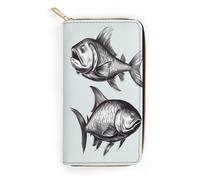 QWNMD Leather Wallets for Women Sketch Fish Printed Wallet Purse Card Holder with Zipper Leather Clutch Wallet, Sketch Fish, 7.8 x 4.1 x 1.4 inches, Modern