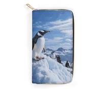 QWNMD Leather Wallets for Women Snow Mountain Penguin Printed Wallet Purse Card Holder with Zipper Leather Clutch Wallet, Snow Mountain Penguin, 7.8 x 4.1 x 1.4 inches, Modern