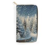 QWNMD Leather Wallets for Women Snow Wonderland Pine Tree Christmas Printed Wallet Purse Card Holder with Zipper Leather Clutch Wallet, Snow Wonderland Pine Tree Christmas, 7.8 x 4.1 x 1.4 inches,