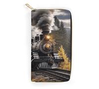 QWNMD Leather Wallets for Women Steam Train Printed Wallet Purse Card Holder with Zipper Leather Clutch Wallet, Steam Train, 7.8 x 4.1 x 1.4 inches, Modern