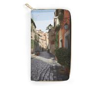 QWNMD Leather Wallets for Women Street of Italy Printed Wallet Purse Card Holder with Zipper Leather Clutch Wallet, Street of Italy, 7.8 x 4.1 x 1.4 inches, Modern
