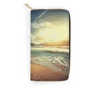 QWNMD Leather Wallets for Women Sunset on The Beach Printed Wallet Purse Card Holder with Zipper Leather Clutch Wallet, Sunset on The Beach, 7.8 x 4.1 x 1.4 inches, Modern