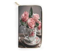 QWNMD Leather Wallets for Women Tea Cups with Roses Romantic Shabby Printed Wallet Purse Card Holder with Zipper Leather Clutch Wallet, Tea Cups with Roses Romantic Shabby, 7.8 x 4.1 x 1.4 inches,