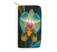 QWNMD Leather Wallets for Women Teal And Orange Orchid Printed Wallet Purse Card Holder with Zipper Leather Clutch Wallet, Teal And Orange Orchid, 7.8 x 4.1 x 1.4 inches, Modern