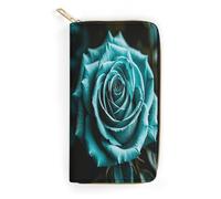QWNMD Leather Wallets for Women Teal Gray Rose Printed Wallet Purse Card Holder with Zipper Leather Clutch Wallet, Teal Gray Rose, 7.8 x 4.1 x 1.4 inches, Modern