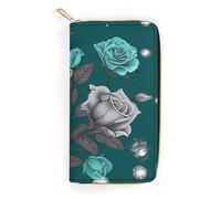QWNMD Leather Wallets for Women Teal Grey Rose Printed Wallet Purse Card Holder with Zipper Leather Clutch Wallet, Teal Grey Rose, 7.8 x 4.1 x 1.4 inches, Modern