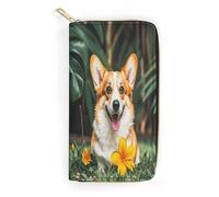 QWNMD Leather Wallets for Women Tropical Flower And Corgi Printed Wallet Purse Card Holder with Zipper Leather Clutch Wallet, Tropical Flower And Corgi, 7.8 x 4.1 x 1.4 inches, Modern