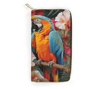 QWNMD Leather Wallets for Women Tropical Plants And Parrots Printed Wallet Purse Card Holder with Zipper Leather Clutch Wallet, Tropical Plants And Parrots, 7.8 x 4.1 x 1.4 inches, Modern