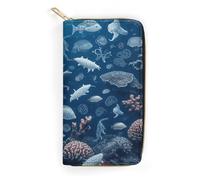 QWNMD Leather Wallets for Women Underwater Marine Life Printed Wallet Purse Card Holder with Zipper Leather Clutch Wallet, Underwater Marine Life, 7.8 x 4.1 x 1.4 inches, Modern