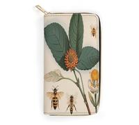 QWNMD Leather Wallets for Women Vintage Botanical Bee Illustration Printed Wallet Purse Card Holder with Zipper Leather Clutch Wallet, Vintage Botanical Bee Illustration, 7.8 x 4.1 x 1.4 inches,