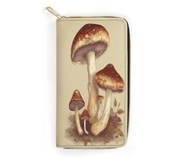 QWNMD Leather Wallets for Women Vintage Edible Mushrooms Printed Wallet Purse Card Holder with Zipper Leather Clutch Wallet, Vintage Edible Mushrooms, 7.8 x 4.1 x 1.4 inches, Modern