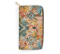 QWNMD Leather Wallets for Women Vintage Floral Pattern Printed Wallet Purse Card Holder with Zipper Leather Clutch Wallet, Vintage Floral Pattern, 7.8 x 4.1 x 1.4 inches, Modern